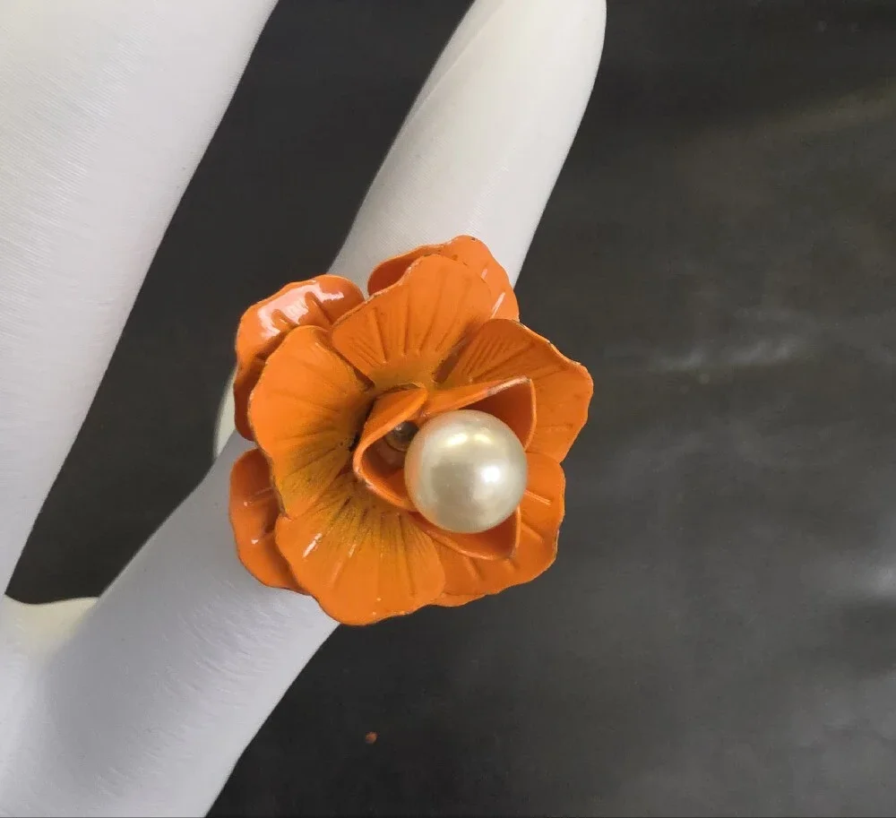 Orange Floral Pearl Center Cocktail Ring - Women Jewelry